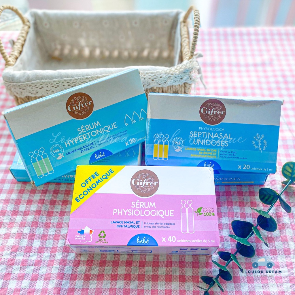 Nước muối sinh lý Gifrer chính hãng Pháp tép xanh tép vàng - Sérum Hypertonique / Septinasal Unidoses [BAY AIR]