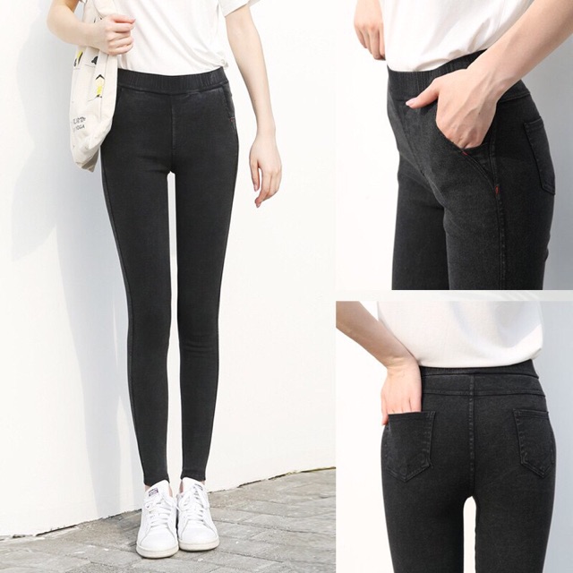 Quần Legging Jean cạp cao nâng mông siêu co dãn/Màu Đen