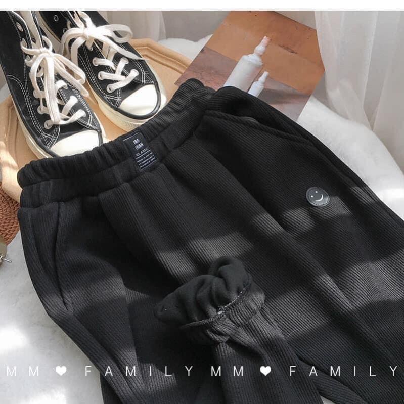 Quần Boom Tăm Icon Mặt Cười  Jogger Bo Tăm Ống Rộng Chun Gấu Hình Thêu Ulzzang Hot