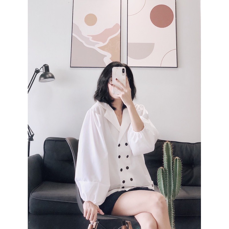  áo cổ vest 2 hàng nút đen tay bồng | BigBuy360 - bigbuy360.vn