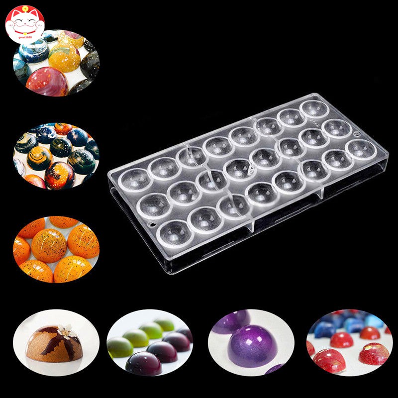 Khuôn làm kẹo sô cô la viên nhựa cứng PC trong suốt 24 ngăn hình bán cầu DIY