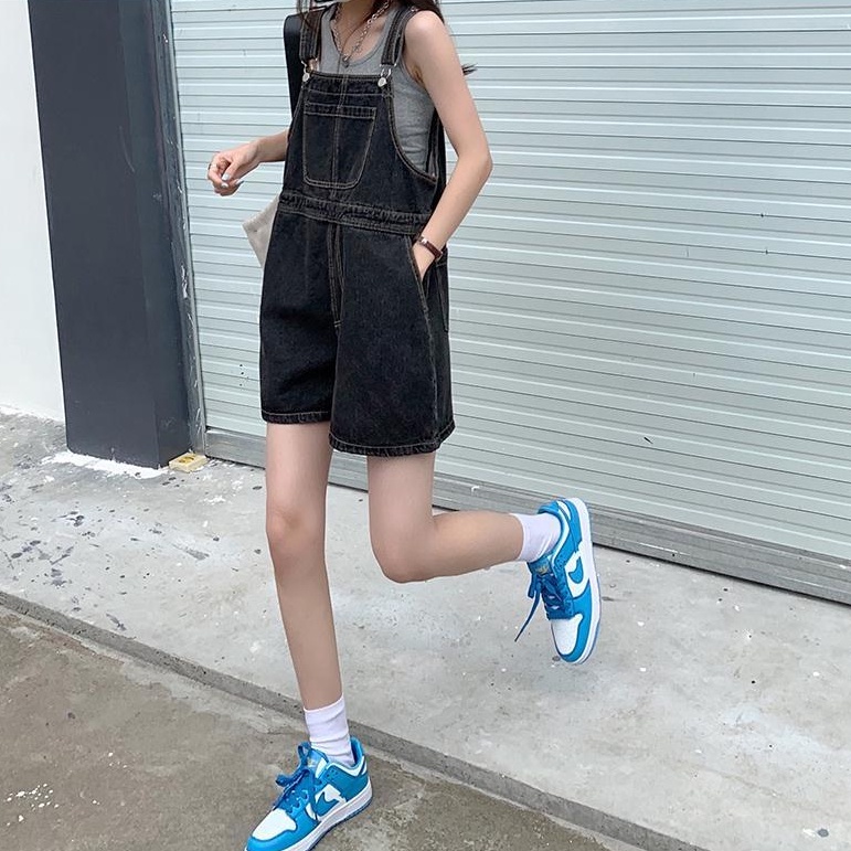 Quần yếm SUXI denim ống rộng lưng cao màu sắc trơn thời trang cho nữ