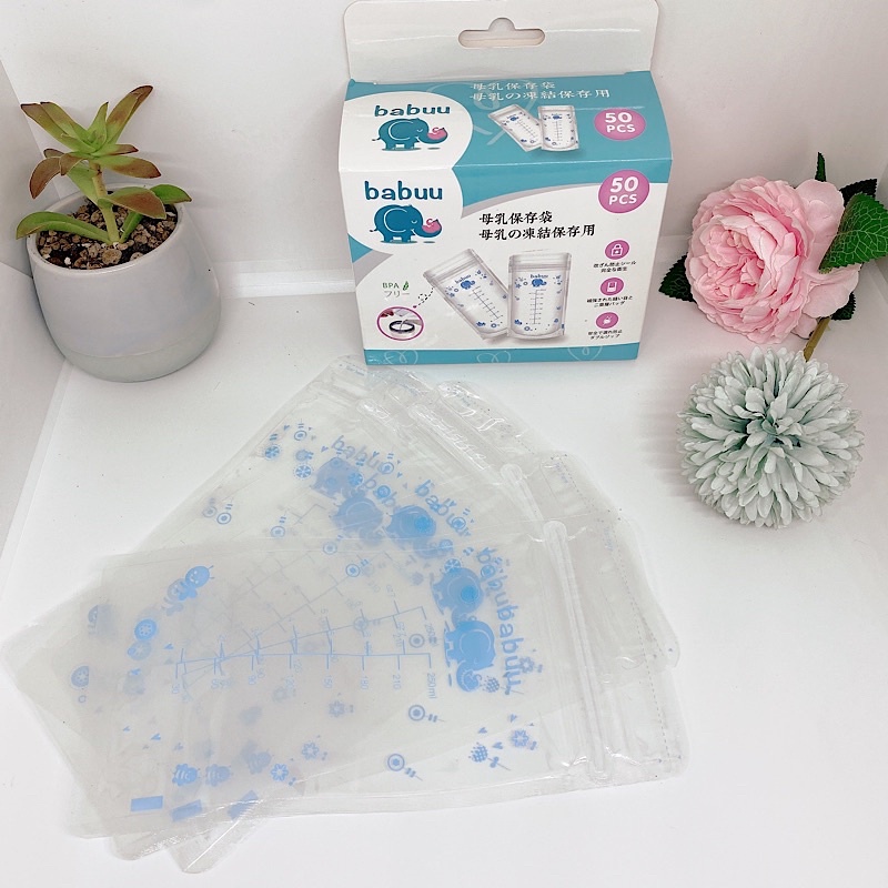 Hộp 50 túi trữ sữa Babuu Baby Nhật Bản hộp 50 chiếc dung tích tối đa 250ml - Tặng 01 bút ghi chú