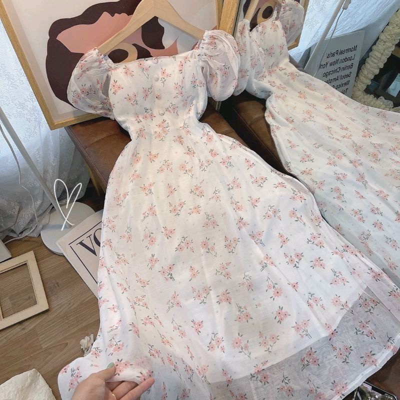Đầm Midi Hoa Hồng Cổ Vuông Váy Hoa Nhí Vintage Dáng Dài Nút Bọc Tay Chun Siêu Yêu Style Nàng Thơ Ngọt Ngào