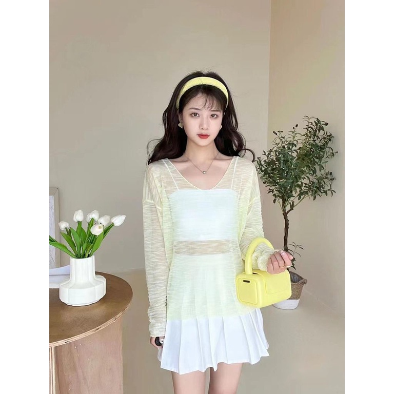 Áo Thun Tay Dài Cổ Chữ V Vải Lụa Mỏng Xuyên Thấu Thời Trang Mùa Hè Cho Nữ