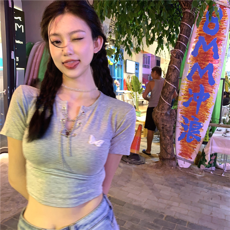 IELGY Áo Thun Nữ Ngắn Tay Cổ Chữ V Hở Eo Thời Trang