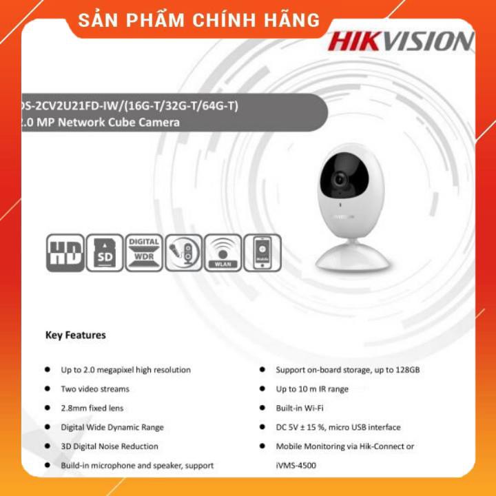 Camera IP WiFi Không Dây Quan Sát Toàn Cảnh 110°, Độ Nét FULL HD1080P HikVision CUBE Mini DS-2CV2U21FD-IW