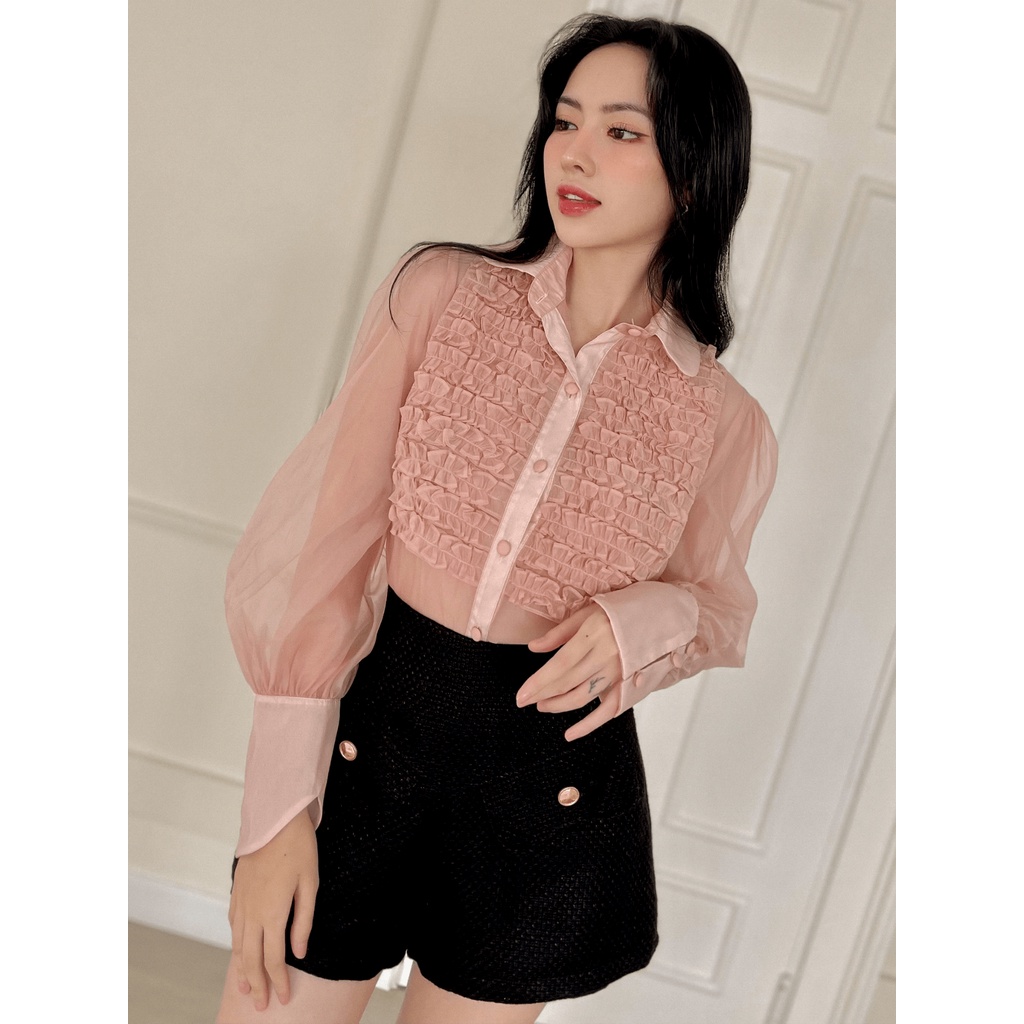 RECHIC Áo kiểu Azura cổ sơ mi kiểu nhún bèo tay dài phồng nhẹ xinh xắn trẻ trung thanh lịch đi làm đi chơi