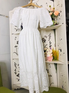 Đầm maxi trễ vai trắng cao cấp