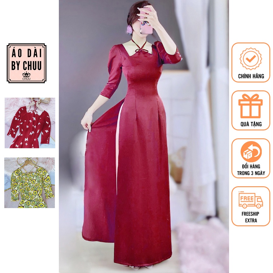 Áo dài cách tân nữ kiểu cổ yếm tay phồng đính ngọc sang trọng không kèm quần CHUU AD8039
