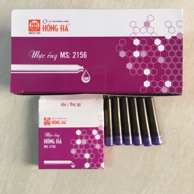 1 hộp mực ống 2156 Hồng Hà. ( 1 hộp =60 cái ruột ống). Có 3 màu là Tím- Xanh - Đen.