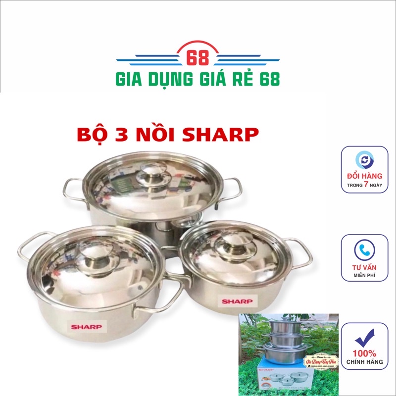 [Mã LIFE20KALL giảm 10% đơn 50K] Bộ 3 nồi inox SHARP hàng khuyến mại chống rỉ