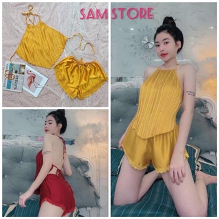 Đồ ngủ sexy, set yếm dập ly hở lưng gợi cảm, vải phi lụa mềm mại, freesize dưới 58kg