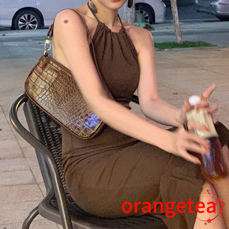 Women Summer Bandage Halter Dress Charming Solid Color Sleeveless Backless Long Evening Gowns