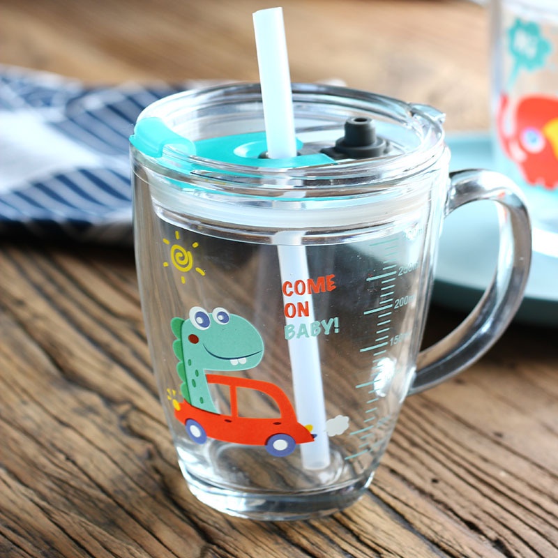 Cốc uống nước kèm ống hút có chia vạch tiện lợi (350ml) loại thủy tinh