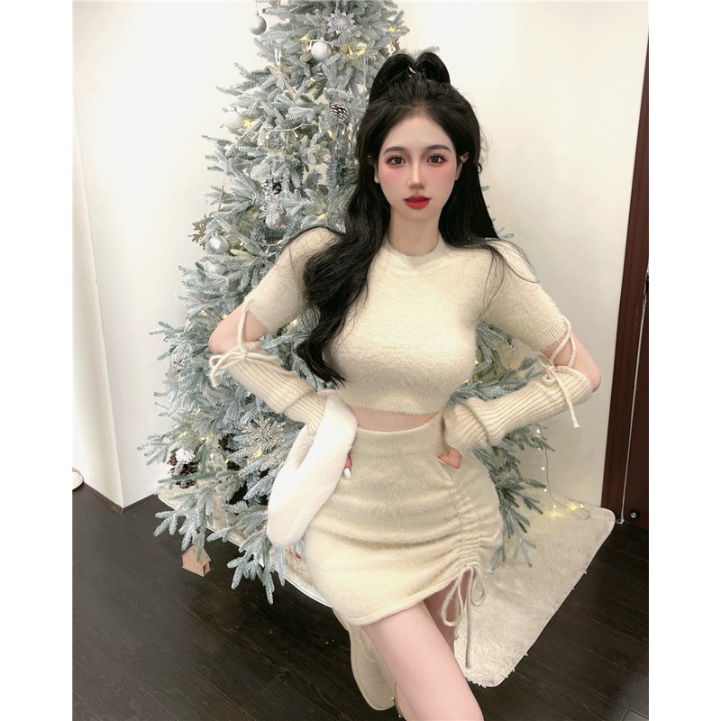 Set áo croptop tay ngắn kèm bao dài lông ấm thu đông noel giáng sinh len + váy ôm lưng cao dây rút cột ulzzang trắng kem