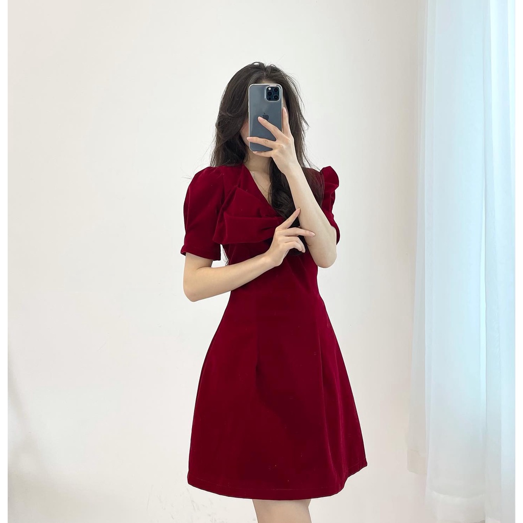 (FREESHIP) đầm nhung đỏ cổ nơ miho.house | BigBuy360 - bigbuy360.vn