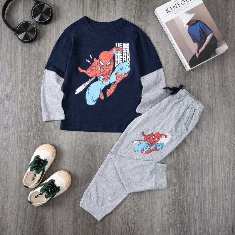 Bộ dài nối tay bé trai Janeshop, Set quần áo dài tay cotton size nhí 2-7