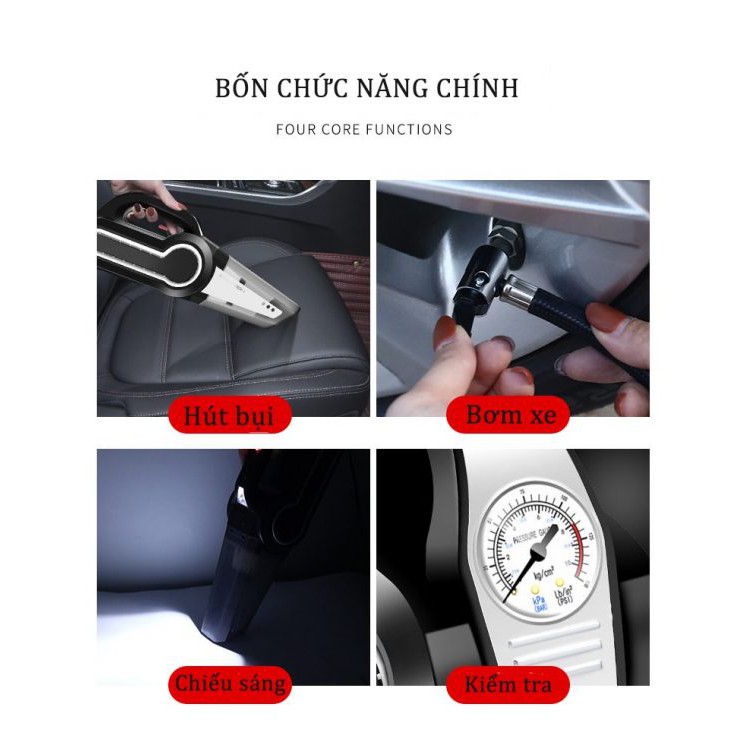 Máy hút bụi kiêm bơm xe đo áp suất lốp xe hơi đa năng 4in1 sản phẩm siêu tiện lợi cho xe ô tô xe hơi