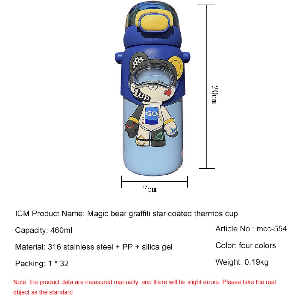 CốC cách nhiệt cho trẻ em có ống hút bé trai bé gái chai nước Bình giữ nhiệt cầm tay chân không 460ml Quà Tặng bộ cốc nóng và lạnh cho trẻ em gấu thần kỳ