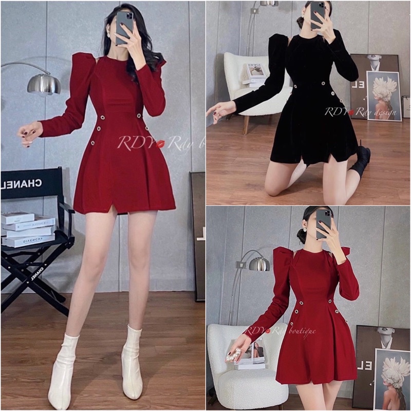 Váy Nhung Cut Out Tay Bồng Dài (Hình thật, hàng loại 1) Đầm Nhung Tay Dài Đen Đỏ