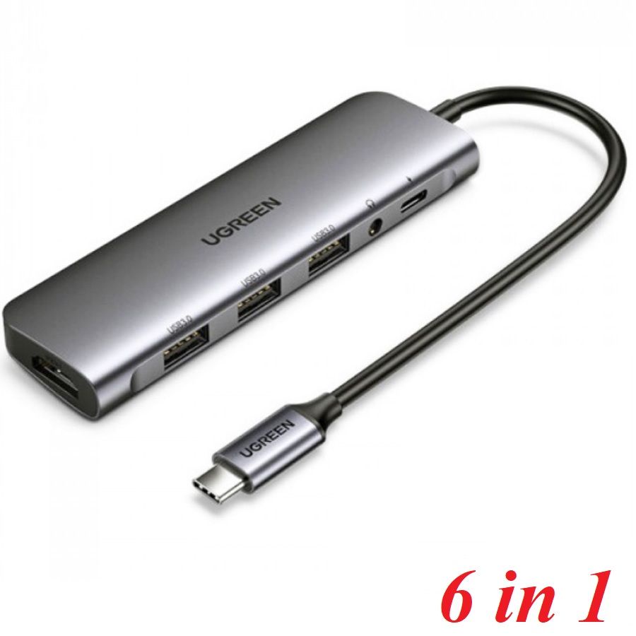Bộ chuyển đổi USB Type C 6 in 1 Ugreen 80132 Chính Hãng CM136 (HDMI+3 cổng USB 3.0+cổng 3.5mm+ cổng USB Type C)