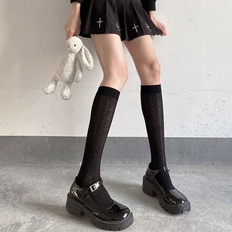 TL110 Tất vớ nữ cổ cao màu trơn 2 màu đen trắng LOLITA  vintage phong cách retro cổ điển