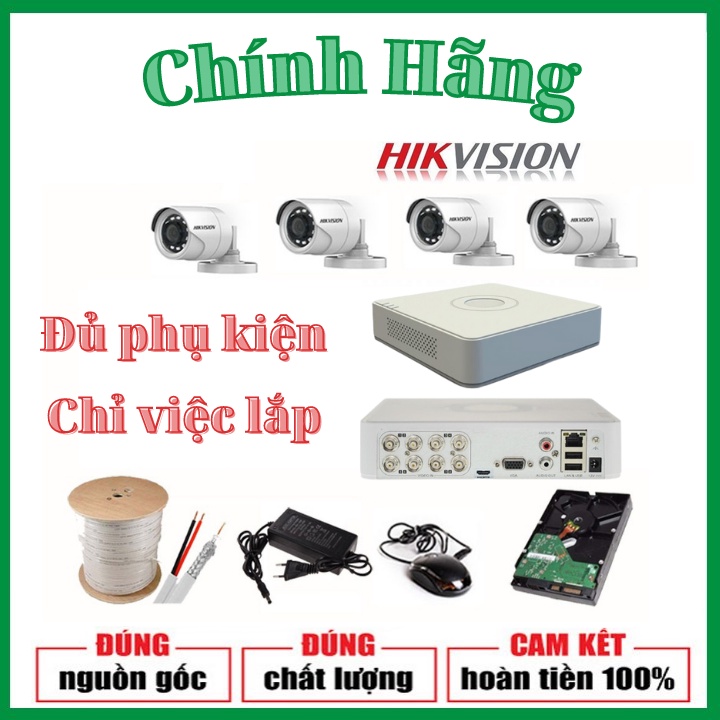 Trọn Bộ Camera giám sát HIKVISION 4 mắt 2.0MP - FHD 1080P - Ổ cứng HDD+Đầy đủ phụ kiện lắp đặt - Bảo hành 24 Tháng