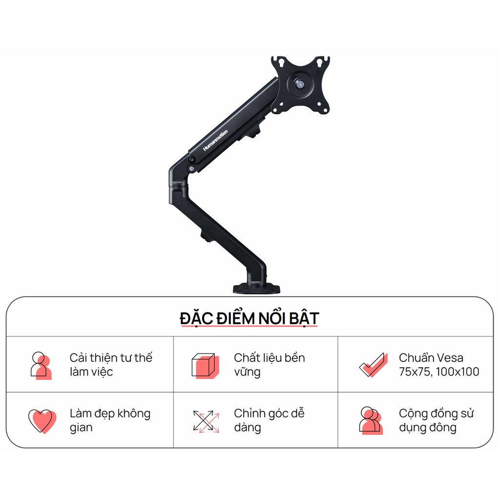 Giá đỡ màn hình máy tính Human Motion T6 - Tải trọng 7Kg , kim loại chắc chắn - ERGOHOME