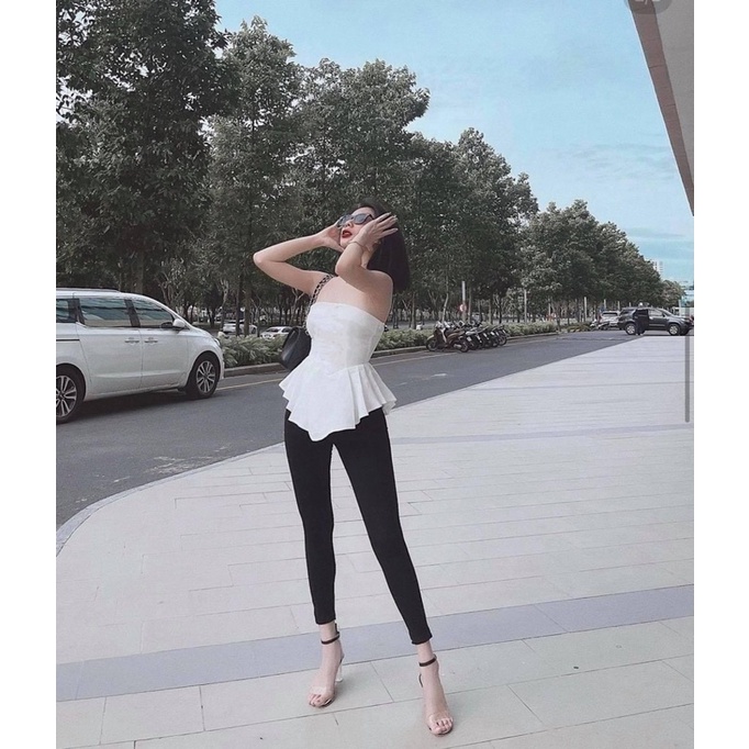 Set áo cúp peplum quần ôm lưng cao