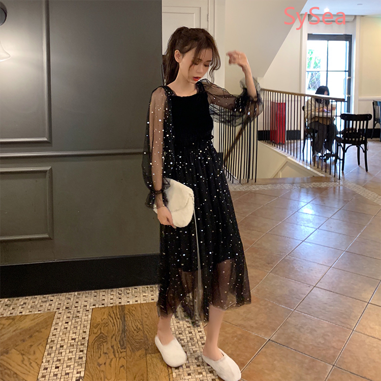 Đầm Voan Nữ Tay Dài Họa Tiết Ngôi Sao Lấp Lánh Xinh Xắn Lộng Lẫy