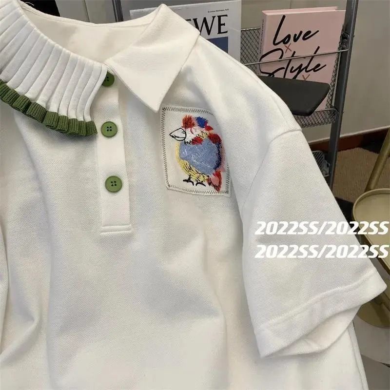 Áo Thun PoloT Màu Trắng Thêu Họa Tiết Phong Cách Phương Tây Thời Trang Xuân Hè Cho Nữ