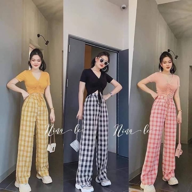 Quần Kẻ Caro , Quần Culottes Kẻ Ống Rộng Cạp Cao Siêu Hot