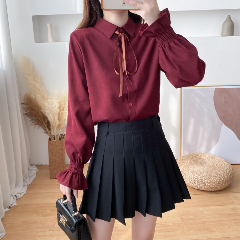 Áo Sơ Mi Tay Dài Cổ Thắt Nơ Xinh Xắn Phong Cách Hàn Quốc Cho Bạn Gái