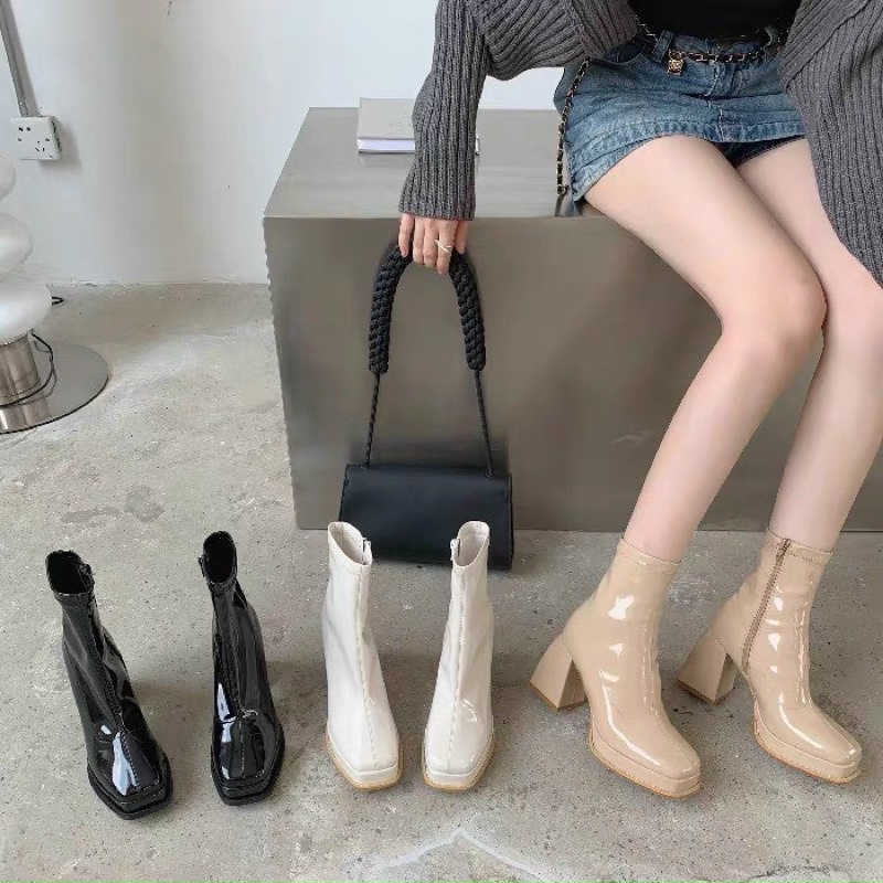 Bốt cao gót mũi đúp chất da bóng mềm dây kéo bên hông gót vuông 8 phân