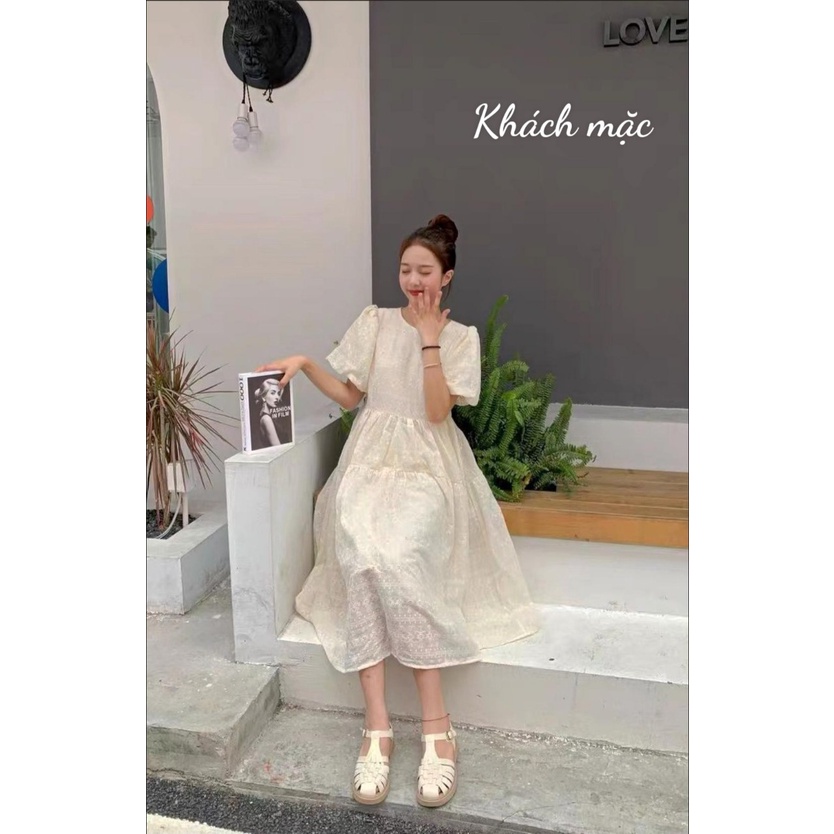 Váy đầm babydoll tay bồng màu be nhạt phong cách thanh lịch - Mao Tử Store