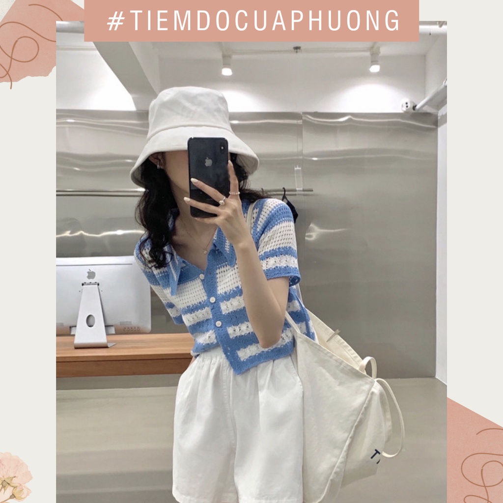 Áo cardigan mongtoghi len mỏng cộc tay kẻ ngang phong cách Hàn Quốc
