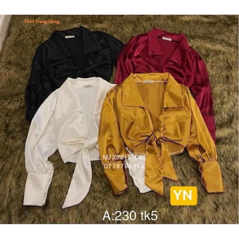 Áo phi lụa croptop cổ bẻ cột nơ trước dễ thương