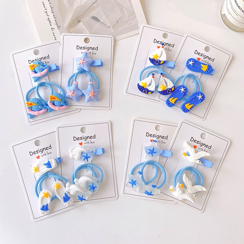 Bộ 3 Dây Buộc Tóc Cao Su Co Giãn Họa Tiết Đại Dương Hoạt Hình Dễ Thương Cho Bé Gái