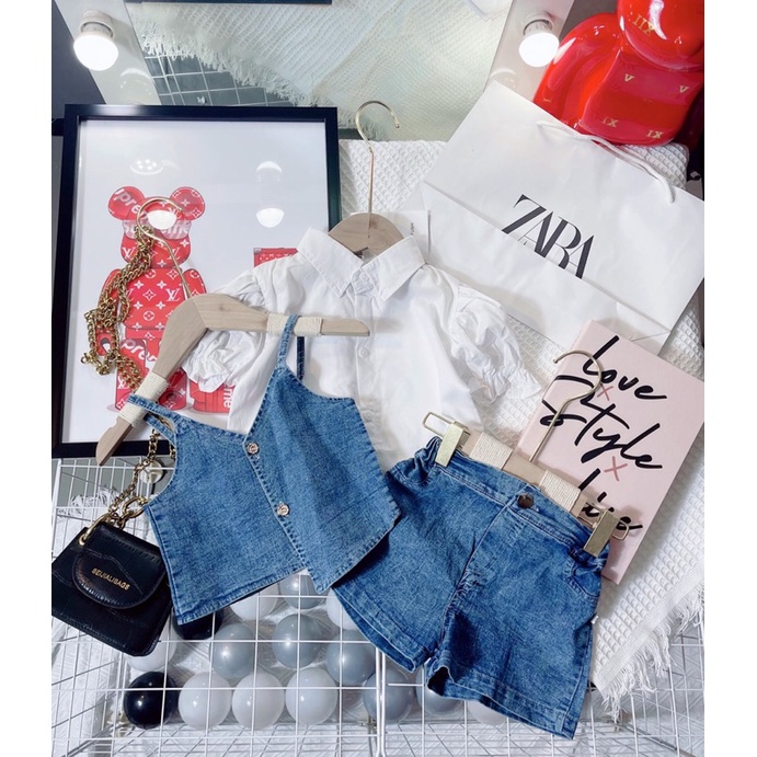 SET JEAN 3CT( ÁO 2 DÂY + QUẦN JEAN + ÁO SƠMI TAY BÈO) CHO BÉ GÁI