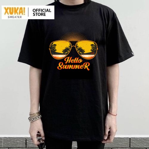 Áo thun tay lỡ XUKA cotton co dãn 4 chiều dáng unisex form châu á in hình Hello Summer kính mát