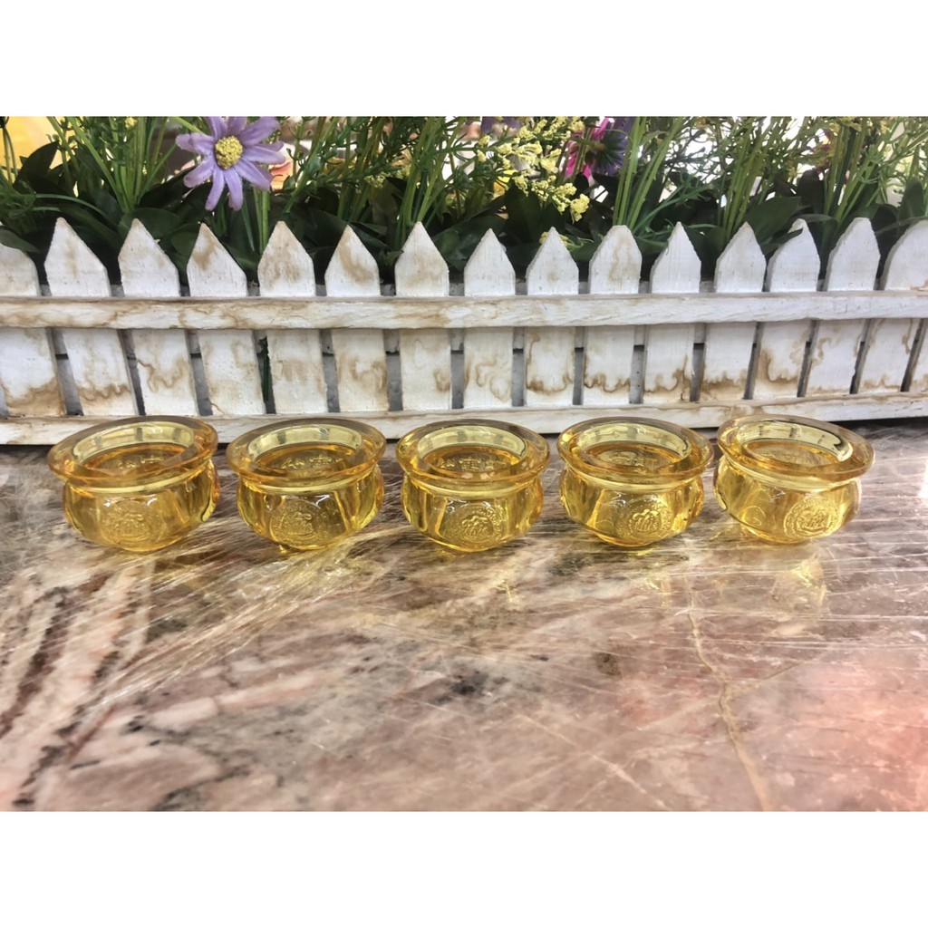 Bộ 5 chung nước, ly nước thờ cúng ông thần tài thổ địa đá lưu ly vàng