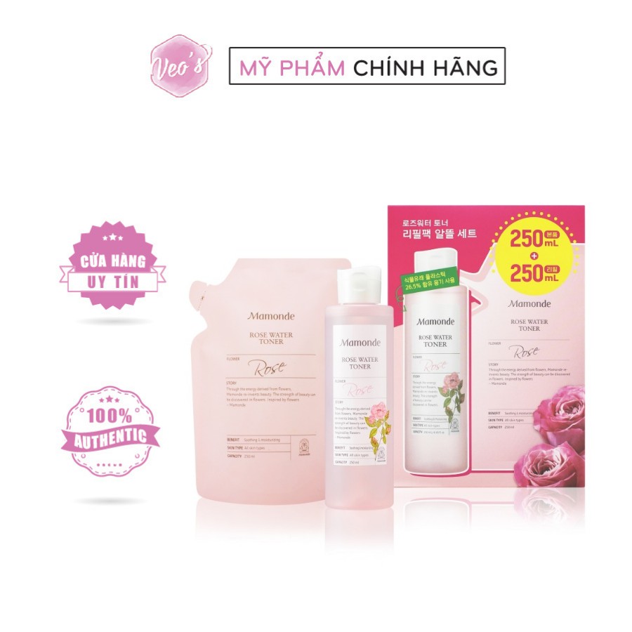 Set nước hoa hồng Mamonde Rose Water Toner 250ml kèm refill 250ml