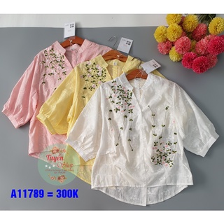 Áo sơ mi trụ tay thêu hoa rơi
