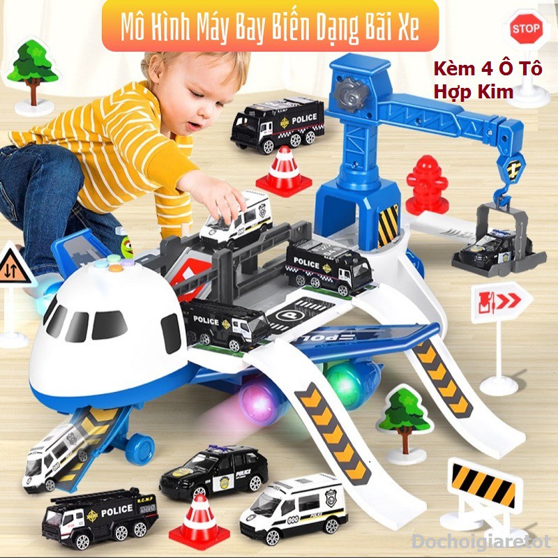 [Sẵn] Đồ chơi máy bay biến hình đa năng cho bé lắp ráp có bãi ô tô lớn tặng 10 xe sắt (Kèm Pin) Ảnh thật