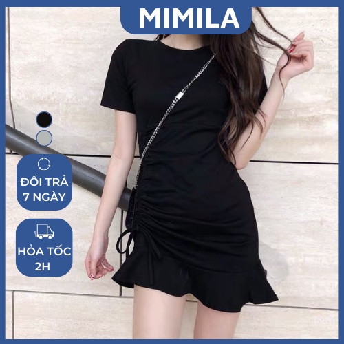 Đầm Body Thời Trang MIMILA Tay Ngắn Dây Rút, Váy Siêu Xinh Cho Nữ Màu Đen Và Xám - MBD022
