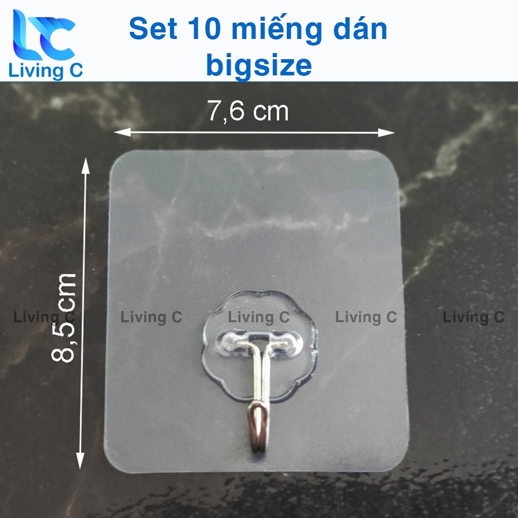 Móc dán tường chịu lực Living C, bộ 10 miếng dán tường siêu dính size to chịu lực tốt dán trên gạch men, kính _MB