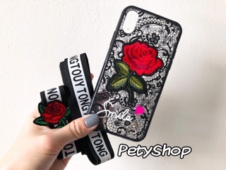 Ốp hoa hồng thêu kèm dây iphone 7plus/8plus/X
