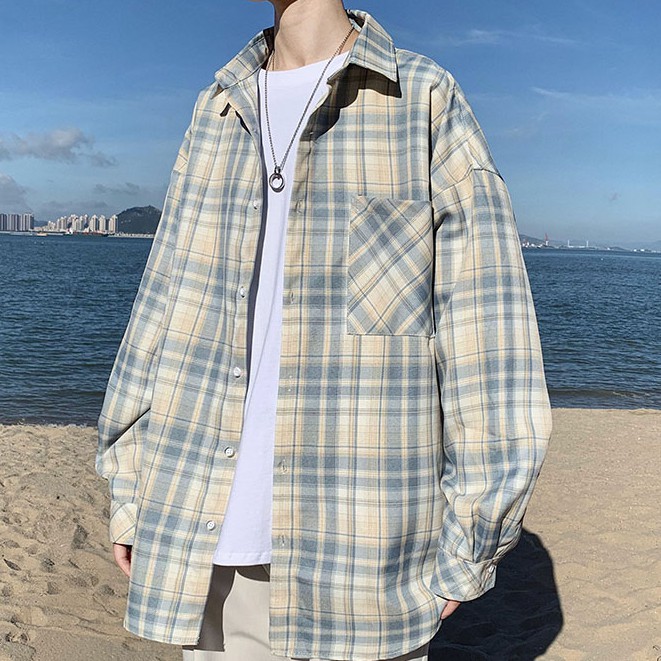 Áo khoác sơ mi tay dài nam dáng rộng kẻ sọc thiết kế trẻ trung cho các cặp đôiunisex áo sơ mi nam kẻ sọc