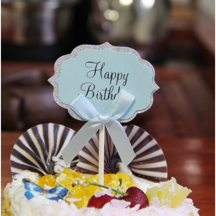 Que Cắm Thẻ Giấy Trang Trí  Bánh Sinh Nhật, Bánh GATO, Món Ăn  - Chữ Happy Birthday Kèm Nơ